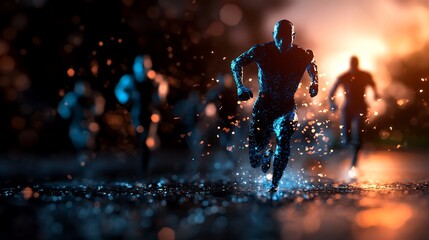 Fototapeta premium Futuristic Runner in a Glowing Digital Race