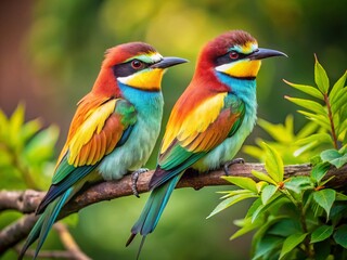 Fototapeta premium Colorful Birds on Branch, Bokeh Background - Vivid Wildlife Stock Photo