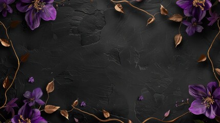 Dark Elegance: Purple Flowers and Gold Vines on Black Background