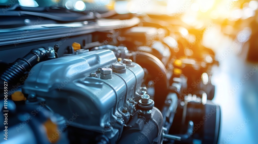 Poster Automotive components in a training center where students learn about their functionality and maintenance Stock Photo with side copy space