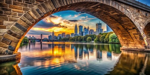 Majestic Stone Train Bridge Spanning River with City Skyline in Background - High-Resolution Stock Photo