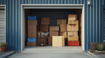 Open storage unit filled with cardboard boxes, furniture, other things