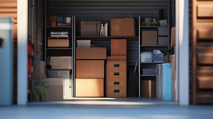 Open storage unit filled with cardboard boxes, furniture, other things