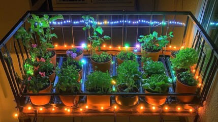Obraz premium Vibrant Balcony Garden with Colorful String Lights Illuminating Potted Plants at Night.