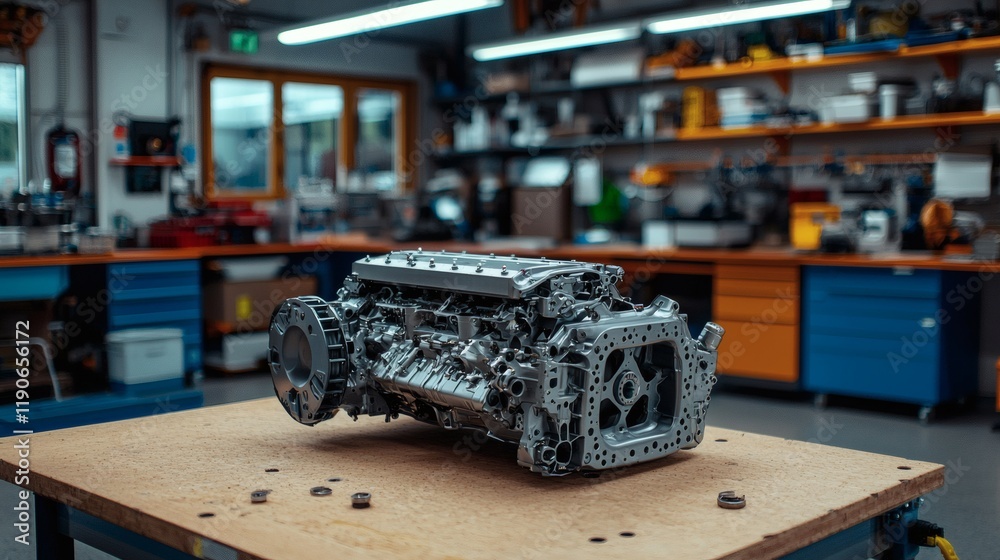 Poster Automotive components during the quality testing process in a professional lab with specialized equipment Stock Photo with side copy space