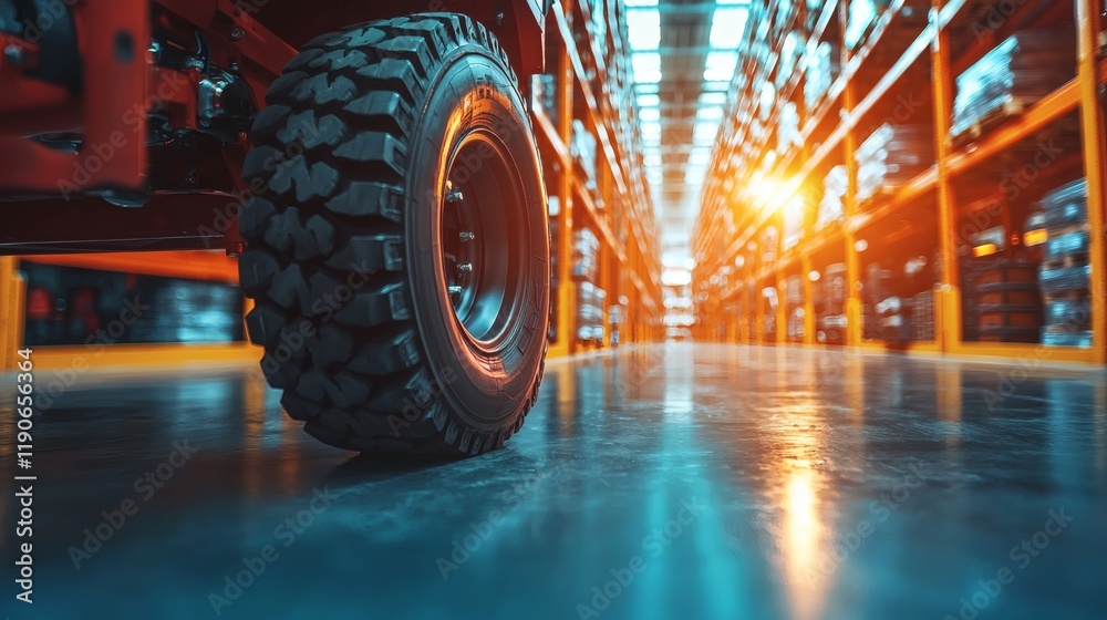 Poster automotive components packaged for export in a modern warehouse emphasizing global supply chain and 