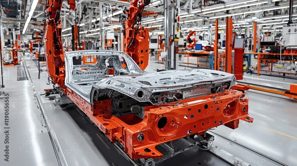 Poster Automotive components during the assembly process in an automated line showcasing efficiency and technological advancement Stock Photo with side copy space