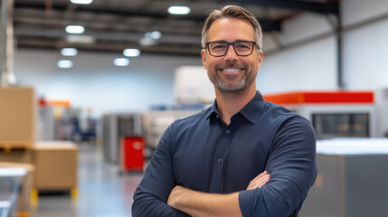 Fototapeta premium Smiling middle-aged man in glasses standing in warehouse with many boxes