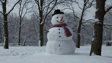 Fototapeta premium Smiling snowman in winter, wearing a hat and scarf, natural street lighting, forest background, daylight made With AI