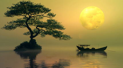 A boat gently floats on a calm lake, accompanied by the graceful silhouette of an acacia tree, creating a serene and picturesque natural scene