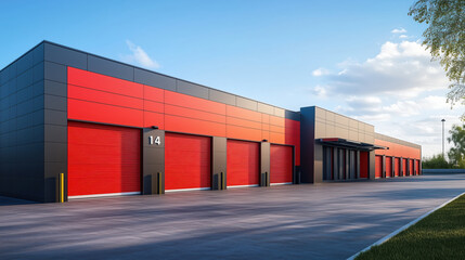 Obraz premium Outdoor row of modern self storage units with red roller shutter doors 
