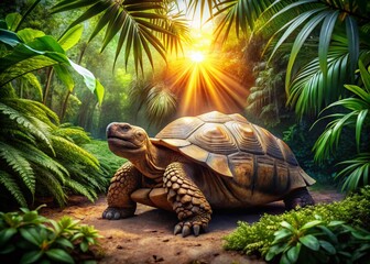 Naklejka premium Majestic Tortoise in Lush Jungle - Ancient Reptile Shell Detail