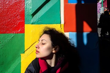 Woman s Profile Against Colorful Wall  Shadow  Sunlight