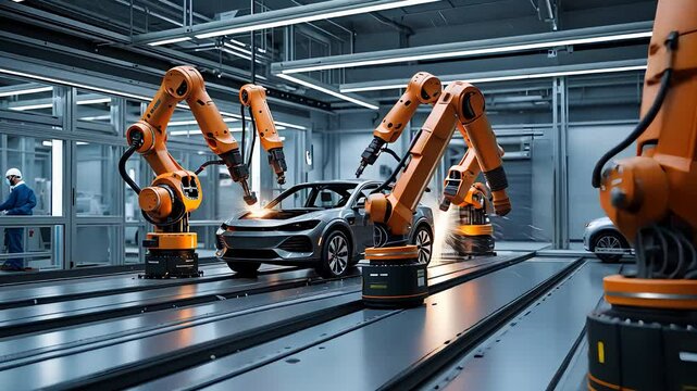 Advanced Robotic Arms Assembling Modern Car in High-Tech Automotive Factory with Efficient Industrial Automation

