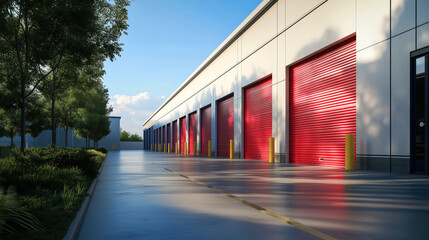Outdoor row of self storage units with red doors 