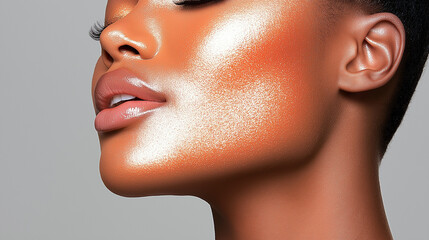 Profile of a woman showcasing glowing skin against a gray background