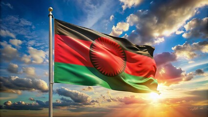 Malawi Flag Waving, Blue Sky, African National Symbol, Patriotic Banner, Independence Day
