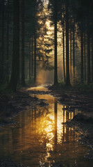 Sunset Over a Misty Forest Path with Pine Trees and Reflections on a Calm River, Creating a Serene and Magical Autumn Landscape at Golden Hour