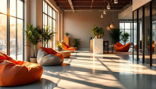 A vibrant modern lounge with colorful bean bags, sunlight streaming through large windows, and green plants creating a lively and cozy atmosphere, ideal for coworking or relaxation.