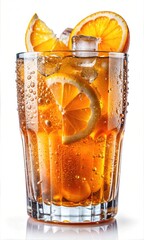 Vibrant Glass of Ice Cold Beverage with Dew and Refreshing Moisture – Summer Refreshment With Ice Cubes Isolated on a White Background