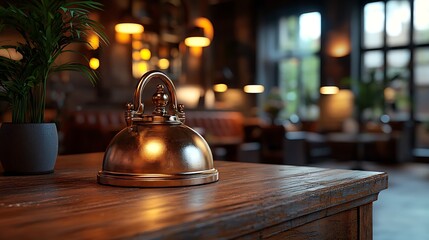 Brass bell on wooden reception desk, cozy cafe background, service concept, website use.