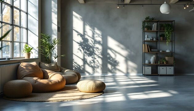 A vibrant modern lounge with colorful bean bags, sunlight streaming through large windows, and green plants creating a lively and cozy atmosphere, ideal for coworking or relaxation. - Powered by Adobe