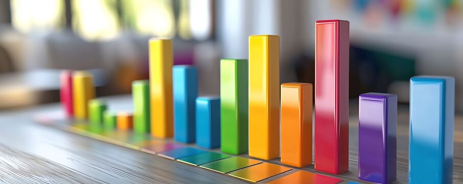 Bold bar graph with colorful sector bars.