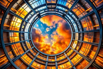 Mesmerizing Sky View Through Circular Structure: Vibrant Orange & Blue Bokeh