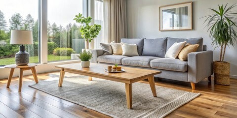 Naklejka premium Modern Living Room with Comfortable Sofa, natural light, wooden coffee table