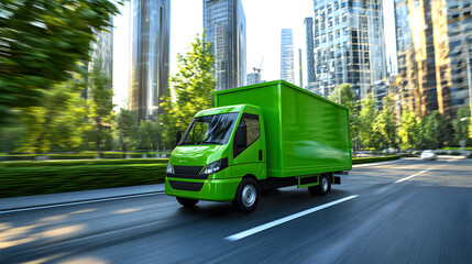 A minibus in green eco-friendly colors drives along the road. Delivery concept