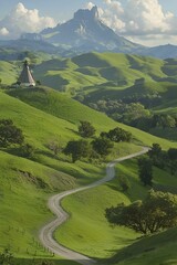 Serene winding road through lush green hills, leading to a quaint windmill against a majestic mountain backdrop.