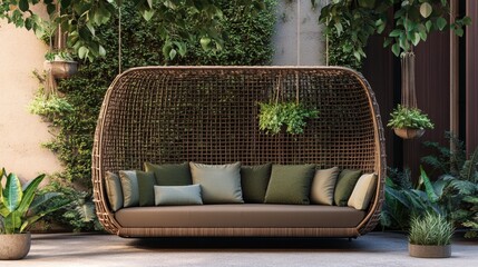 Fototapeta premium Cozy Outdoor Sofa with Green Cushions Surrounded by Plants
