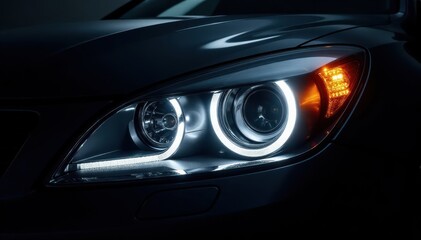 Intricate headlight close-up, black backdrop, sharp lines , intense, abstract, illumination