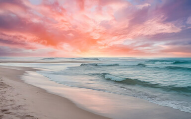 Tranquil Beach Scene with Soft Waves Lapping the Shore and a Pastel Sky.