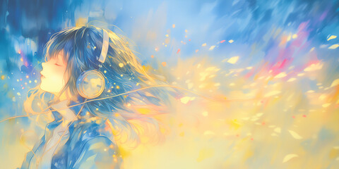 音楽に浸る女性。少女。イラスト。水彩画。バナー背景。挿絵。