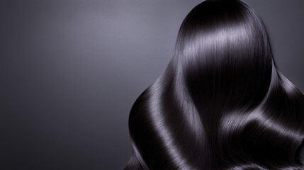 Glossy black hair cascading against a dark background