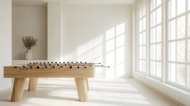 A minimalist game room with a smooth wooden foosball table