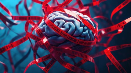 Brain Encased in Red Film Strips Against Blue Background