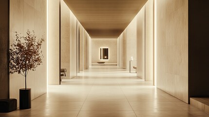 Obraz premium A minimalist luxury hallway lined with edge-lit panels