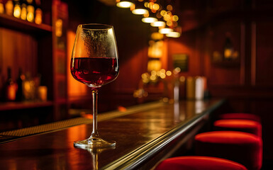 A Single Glass of Red Wine in the Warm Light of a Cozy Bar.