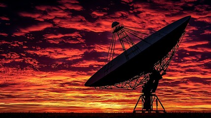 Fiery sunset over a radio telescope; deep space exploration.