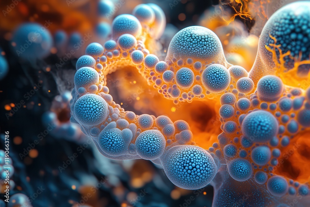 Wall mural abstract visualization of molecular structures with vibrant blue and orange spheres in a dynamic sci