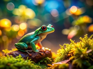 Miniature Frog Posing, Diecast Toy Frog,  Charming Amphibian, Tilt-Shift Photography, Green Frog