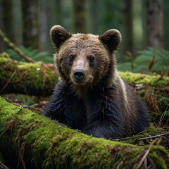 Obraz premium Lonely brown bear cub resting on a mossy log in a lush green forest