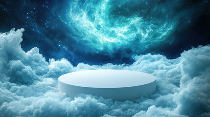 White platform on clouds, cosmic background, fantasy scene, product display