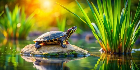 Fototapeta premium Miniature Lakeside Turtle: Charming Tilt-Shift Photo of a Turtle by the Lake