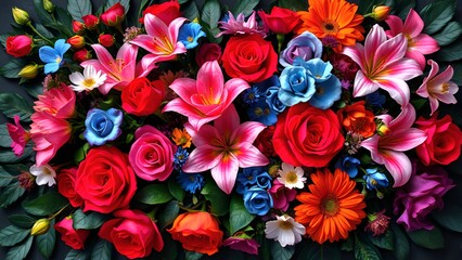 A vibrant floral arrangement featuring red roses, pink lilies, blue and orange blooms, and lush green leaves, creating a colorful and stunning display of nature’s diversity. AI-generated content.