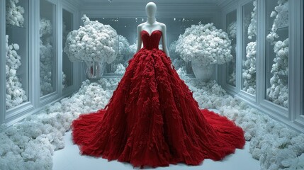 Red ball gown displayed on mannequin amidst white flowers.
