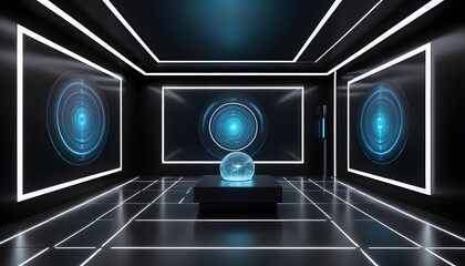 Futuristic chamber with illuminated globe and screens