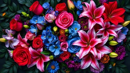 A lavish floral arrangement featuring vibrant red roses, pink lilies, blue blooms, and purple accents surrounded by deep green leaves, creating a stunning display of nature’s beauty. AI-generated cont